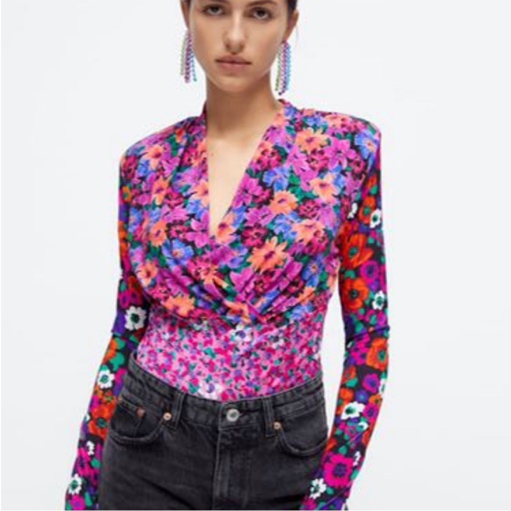 ZARA Printed Floral Shoulder-pad Blouse
